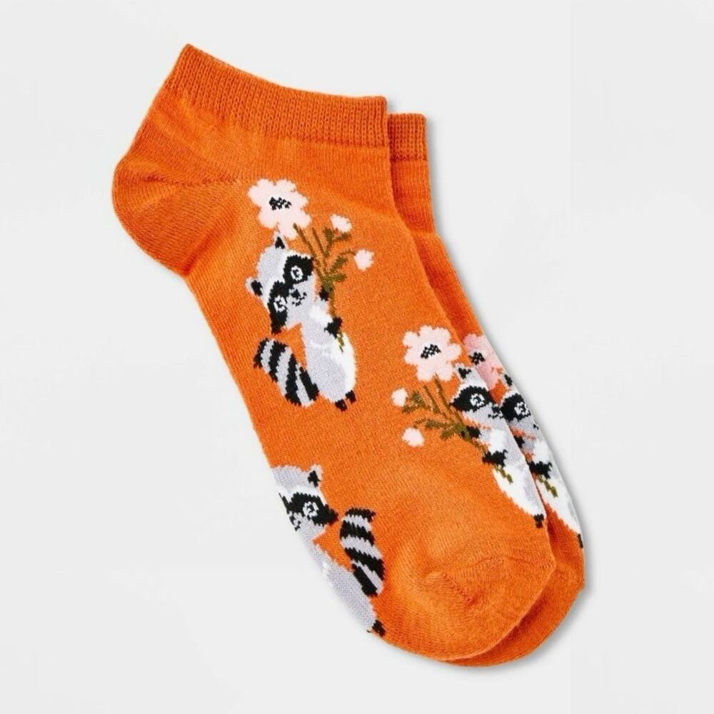 3 Pairs Women's Raccoon Floral Low Cut Ankle Socks Orange Size 4-10 NWT Target